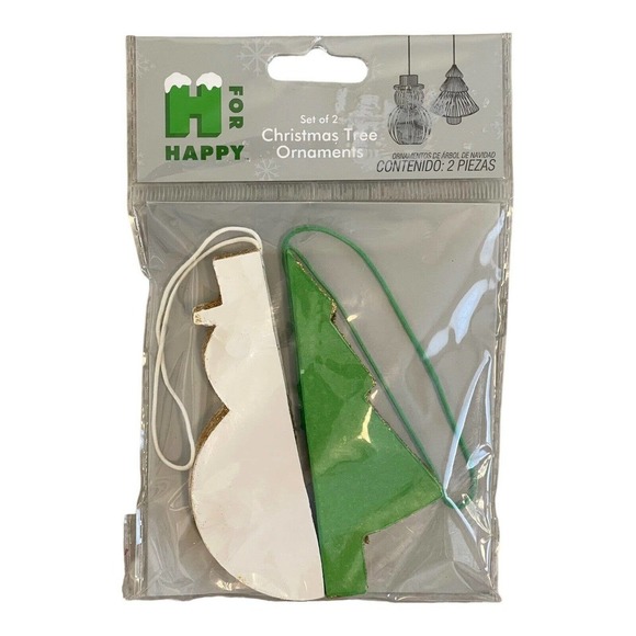 H For Happy Set Of 2 Christmas 4" Paper Tree Snowman Ornaments Green Holiday NEW - Picture 2 of 7